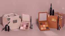 Huda Beauty products including eye shadow palettes, mascara and eye liner