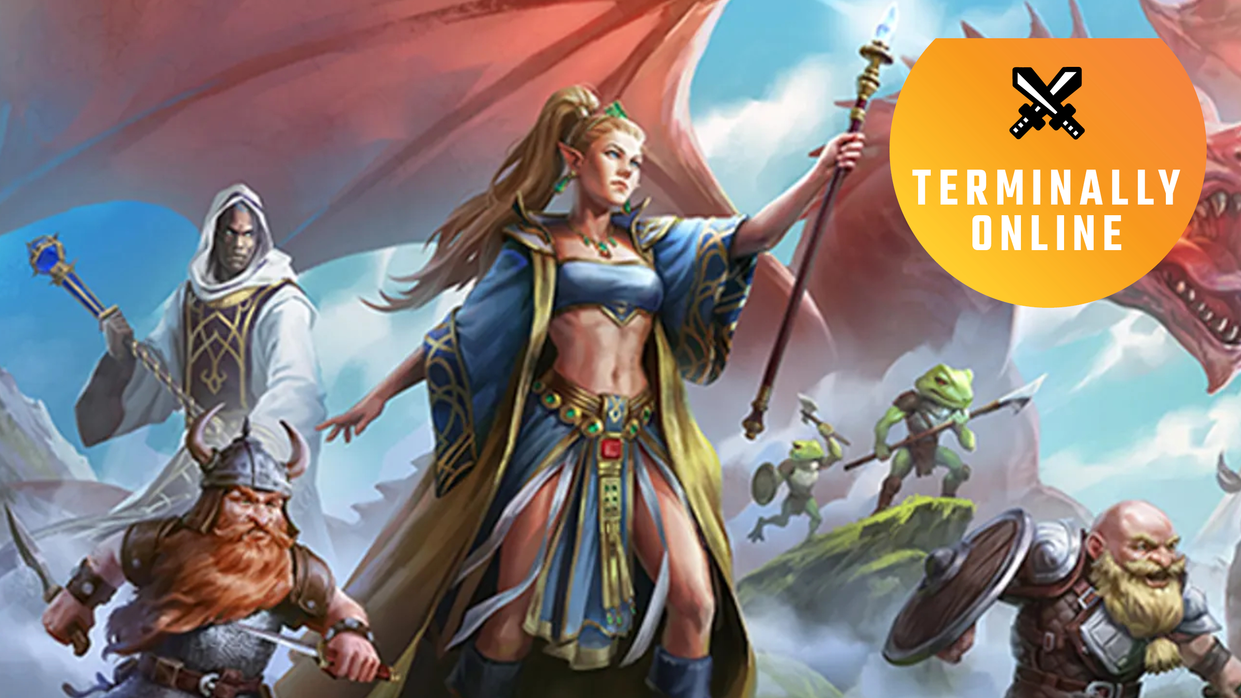 EverQuest Legends keyarts showing heroes posing, with the Terminally Online tag in the top right corner