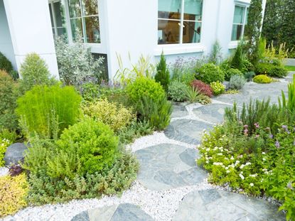 Shrubs, flowers, and paving stones outside a white house