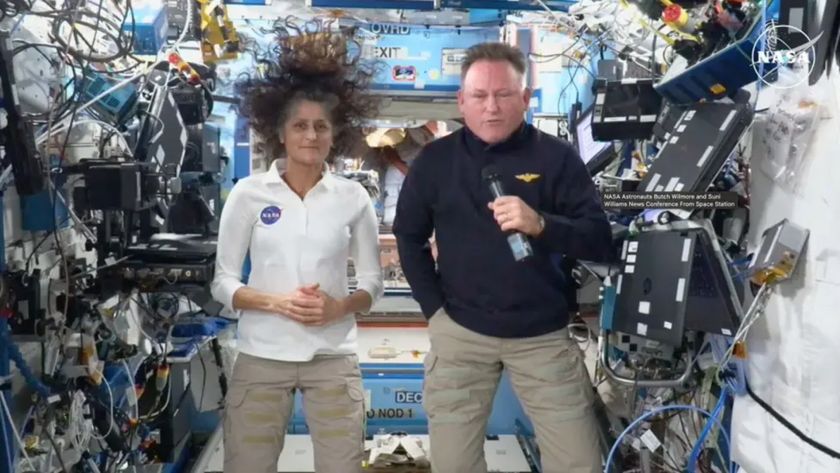 NASA astronauts Suni Williams (left) and Butch Wilmore talk about voting from the International Space Station.