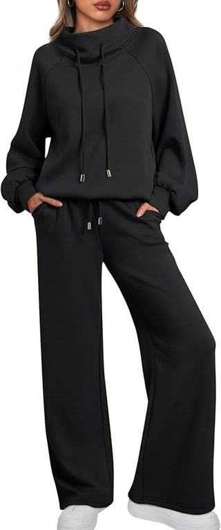 Automet Lounge Sets for Women Sweatsuits 2 Piece Outfits 2024 Fall Drawstring Sweatshirt Wide Leg Sweatpants Tracksuit