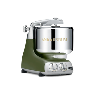 A green Ankarsrum mixer on a white background