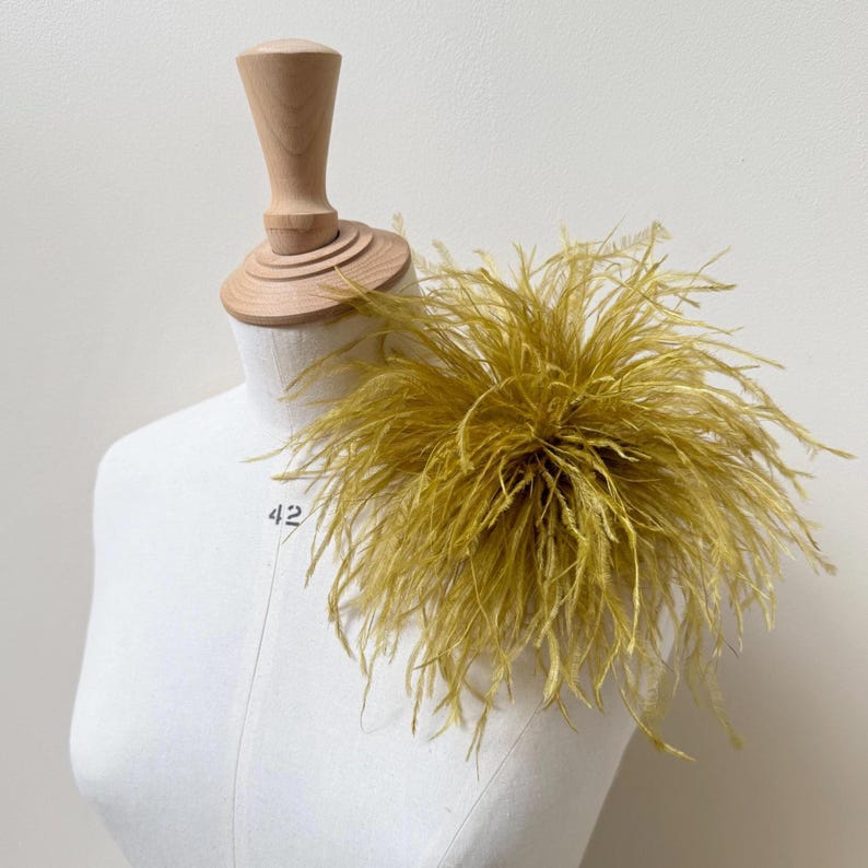 Gold Chartreuse Large Ostrich Feather Brooch, Handmade Corsage Pin Appliqu&amp;eacute;