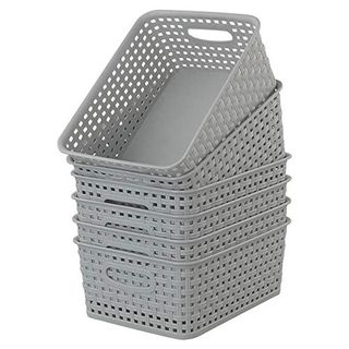 Cadineer 6-Pack Plastic Grey Rattan Storage Basket Small Weave Basket Box