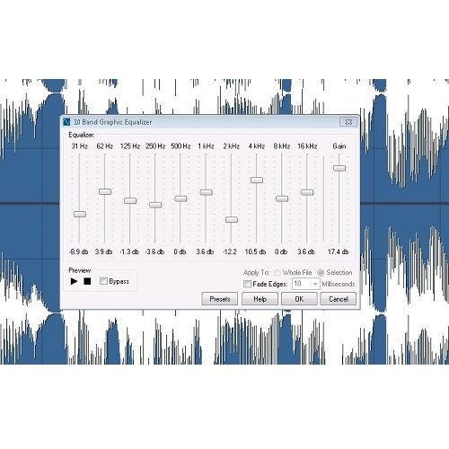 Screenshot image shows NGWave Audio Editor and its 10-band graphic equalizer, which allows you to change or take away certain sounds in the audio file, depending on their wavelength.