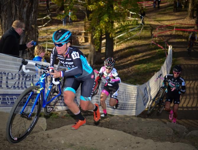 Caroline Mani (Raleigh Clement) running the granite stairs while in third place