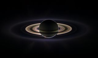 To create this panoramic view of Saturn and its rings, scientists combined 165 images taken by the Cassini wide-angle camera over nearly three hours on Sept. 15, 2006.