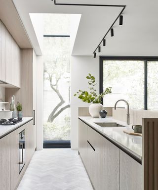 Kitchen designed by Gunter & Co with skylights and track ceiling lighting