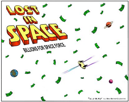 Political cartoon U.S. Space Force Trump lost in space economy money spending