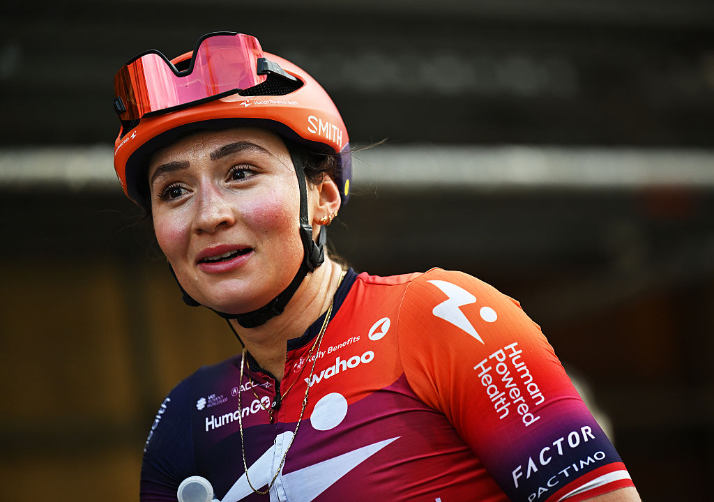 DURANGO, SPAIN - MAY 20: Kathrin Schweinberger of Austria and Team Human Powered Health reacts after the 24th Durango - Durango Emakumeen Saria 2025 a 113km one day race from Durango to Durango / #UCIWWT / on May 20, 2025 in Durango, Spain. (Photo by Szymon Gruchalski/Getty Images)