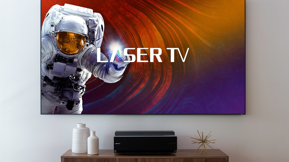 The Hisense L5F Laser Cinema TV hanging on a white wall