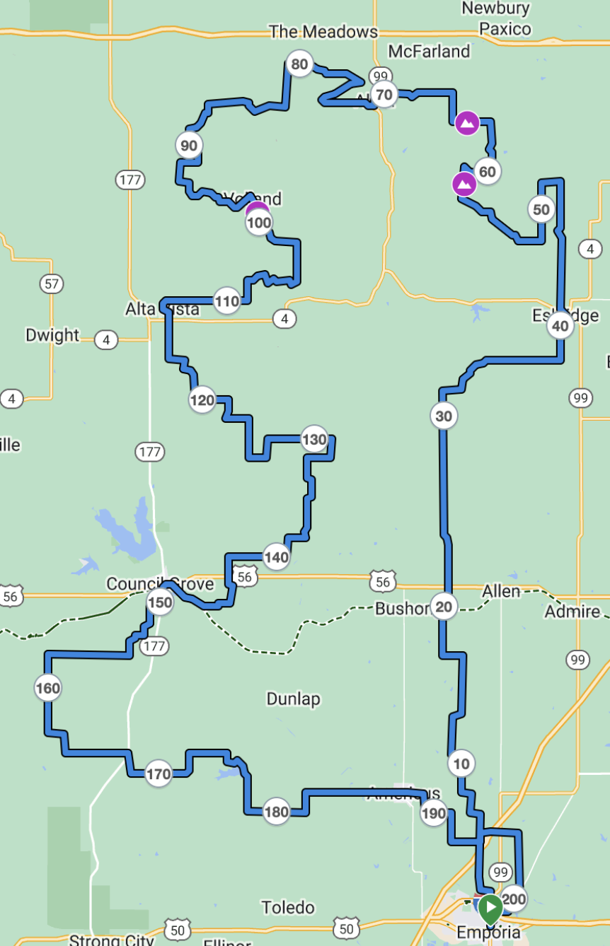 Route map of Unbound Gravel 200 for 2024