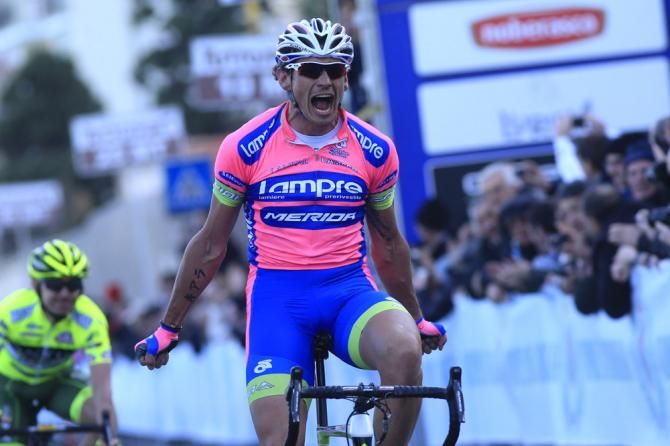An ecstatic Filippo Pozzato (Lampre-Merida) celebrates victory at the Trofeo Laigueglia.