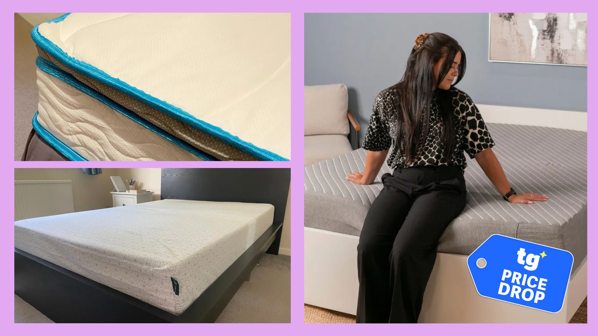 A collage of three images that show the Linenspa Memory Foam Hybrid, Siena Signature and the Zinus Green Tea being tested. In the bottom left foreground, there is a price drop deals badge. 