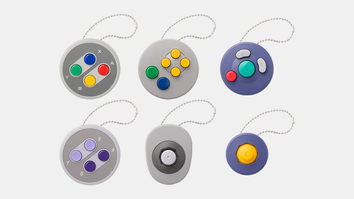 Nintendo&#039;s new line of gacha-style keychains, each themed around retro console controllers like the GameCube, N64, and SNES