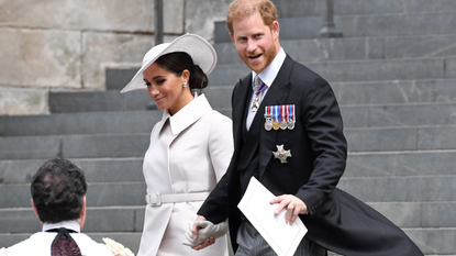 Meghan, Duchess of Sussex and Prince Harry, Duke of Sussex depart the National Service of Thanksgiving at St Paul's Cathedral on June 03, 2022 in London, England. The Platinum Jubilee of Elizabeth II is being celebrated from June 2 to June 5, 2022, in the UK and Commonwealth to mark the 70th anniversary of the accession of Queen Elizabeth II on 6 February 1952.