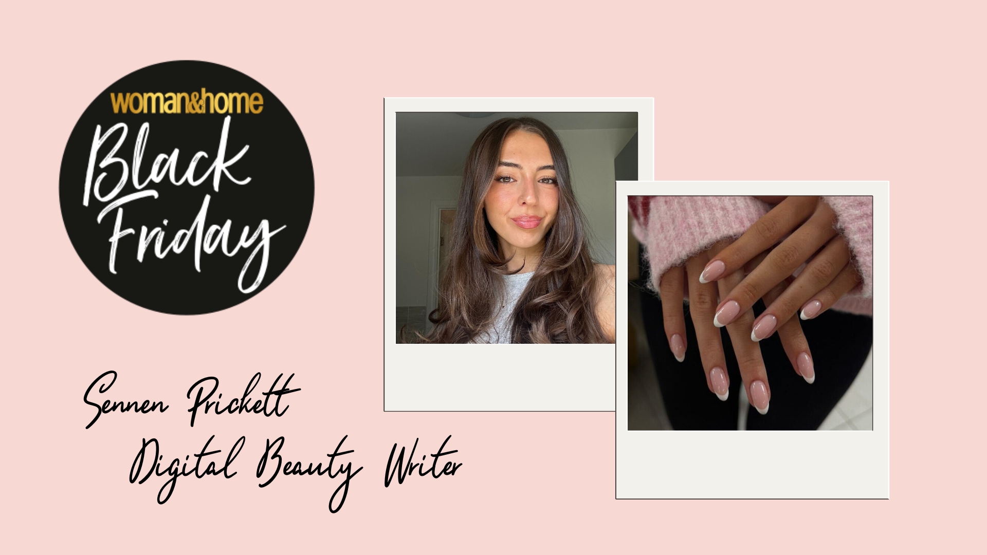 Selfie of Sennen Prickett, Digital Beauty Writer, and her hands with white French tip nails on a pink background
