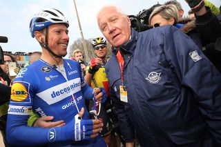Delighted 2019 Paris-Roubaix winner Philippe Gilbert and his Deceuninck-QuickStep manager Patrick Lefevere