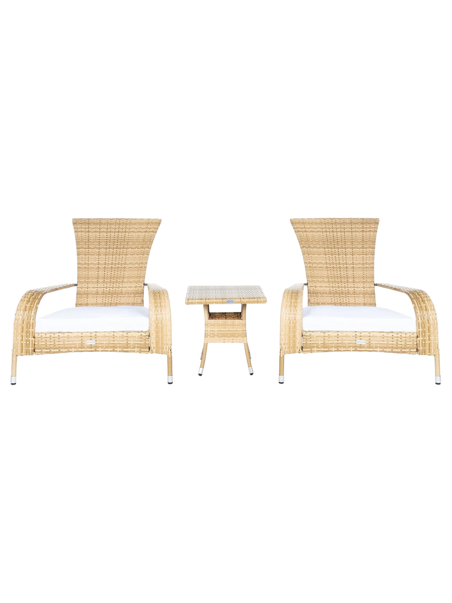 Safavieh Outdoor - Edna 3-Piece Lounge Set - Natural & White - Steel Frame & Faux Rattan With Cushion - Wingback Tropical French Design - Ideal for Patio, Deck, Porch, Backyard (pat7719d)