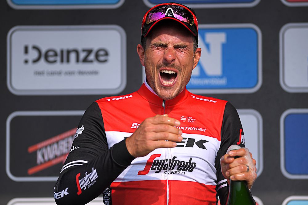 John Degenkolb on the Gent-Wevelgem podium after finishing second