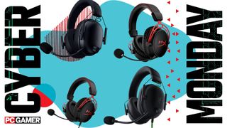 HyperX Cloud, Razer BlackShark V2X, and V3 on a blue Cyber Monday background