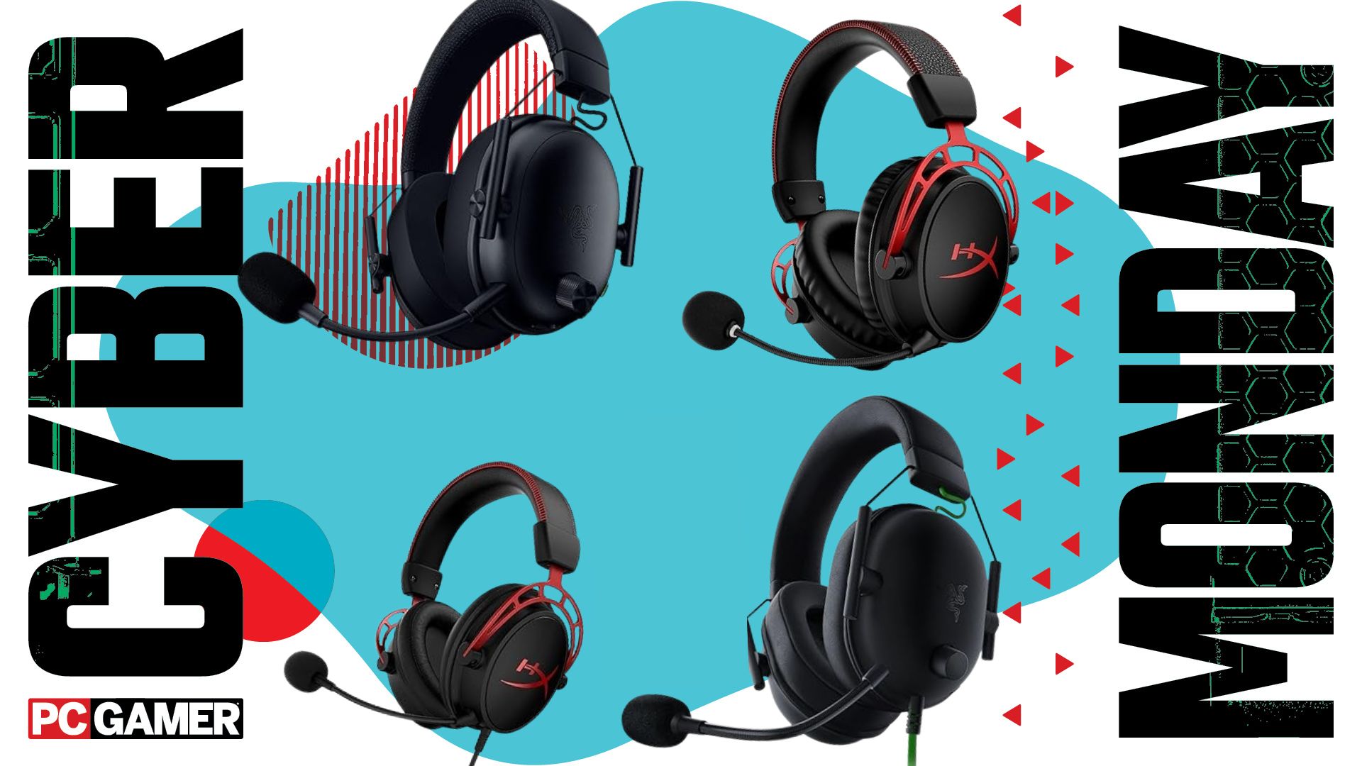 HyperX Cloud, Razer BlackShark V2X, and V3 on a blue Cyber Monday background