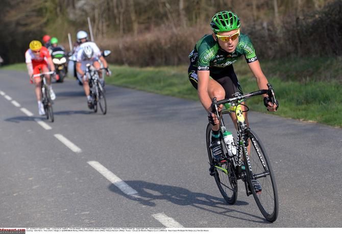 Perrig Quemeneur (Europcar) rides away from his two breakaway companions, Julien Fouchard and Romain Feillu, with 11km remaining in the stage