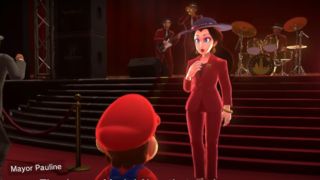 Mario talking to Mayor Pauline in Super Mario Odyssey