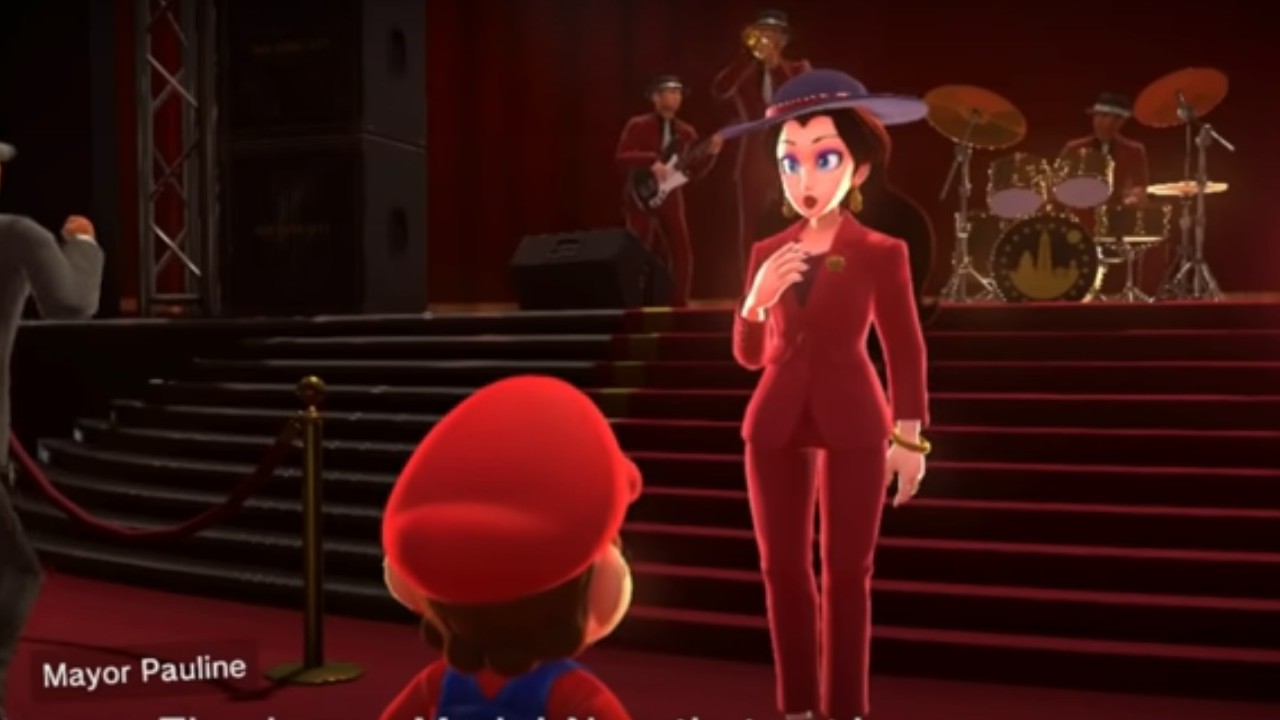 Mario, Super Mario Odyssey'de Belediye Başkanı Pauline ile konuşuyor