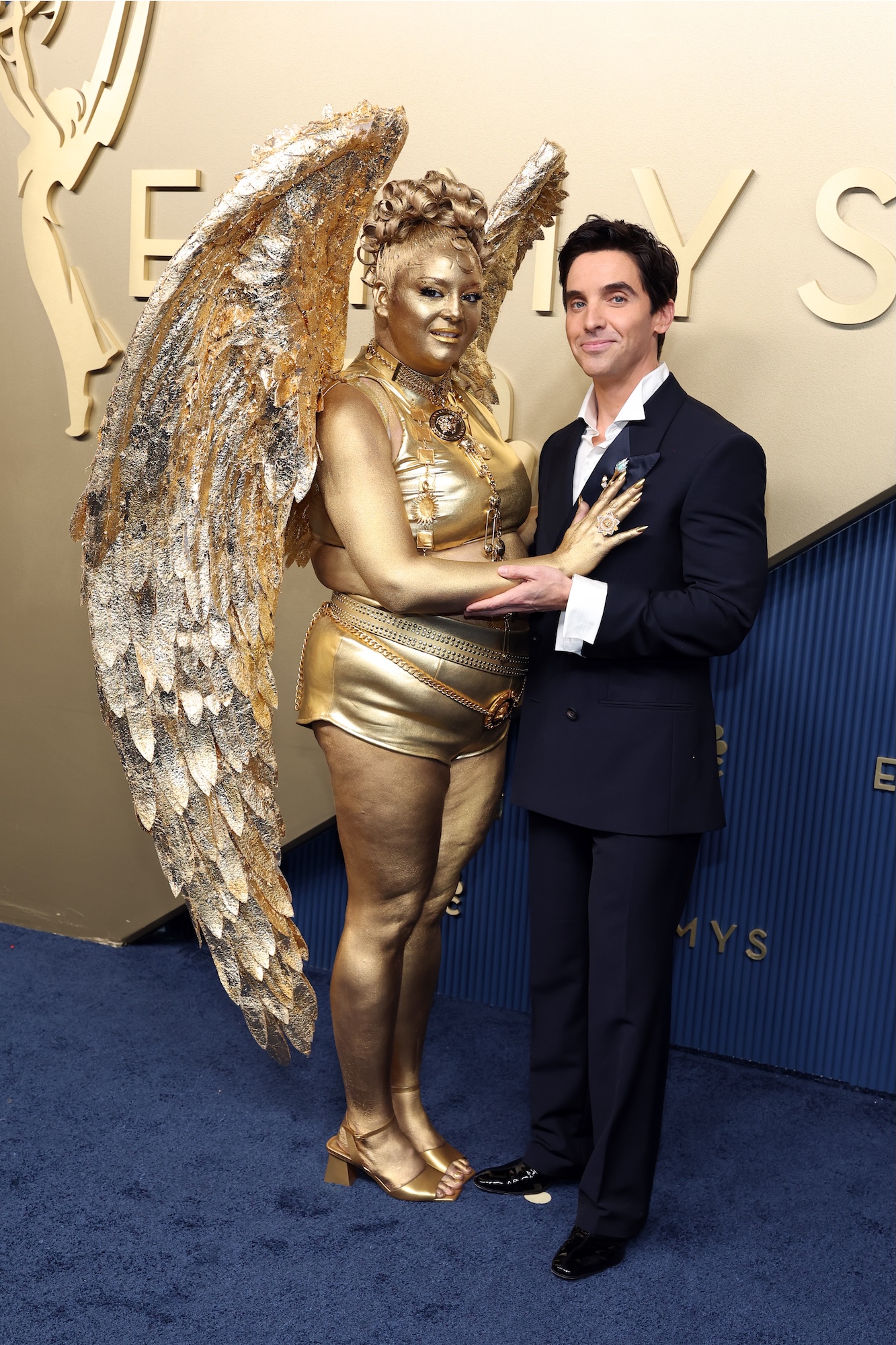 SEPTEMBER 14: (L-R) Megan Stalter and Paul W. Downs attend the 78th Primetime Emmy Awards at Peacock Theater on September 14, 2026 in Los Angeles, California. (Photo by Kevin Mazur/Getty Images)