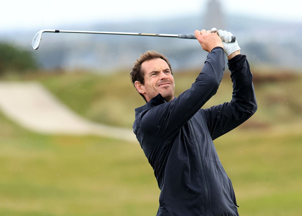 Andy Murray plays a shot on The Old Course prior to the Alfred Dunhill Links Championship 2025 at The Old Course