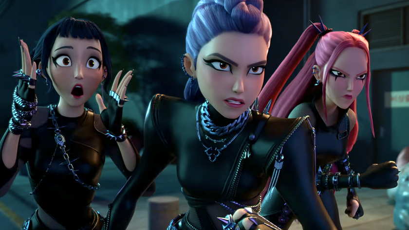 Zoey, Rumi and Mira running in black/goth style outfits in Kpop Demon Hunters