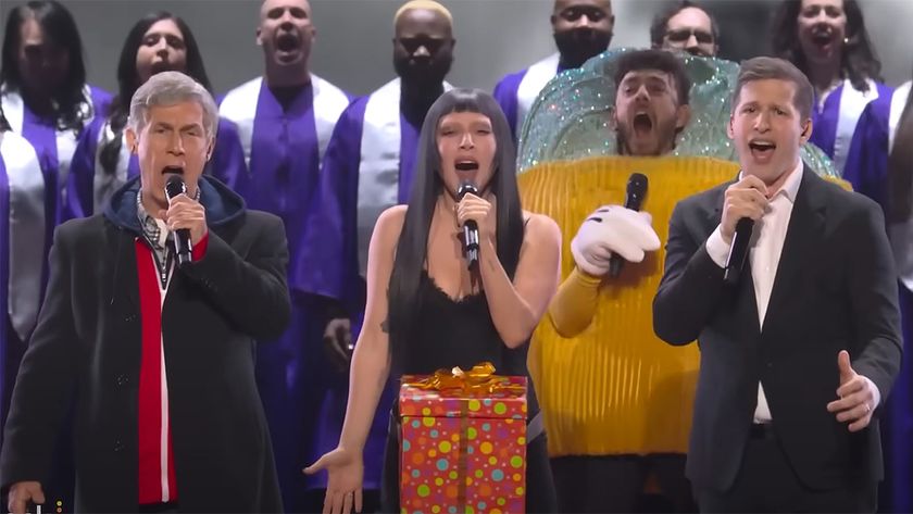 Andy Samberg, The Lonely Island, Chris Parnell, Lady Gaga and a choir sing at SNL 50: The Homecoming Concert 2025.