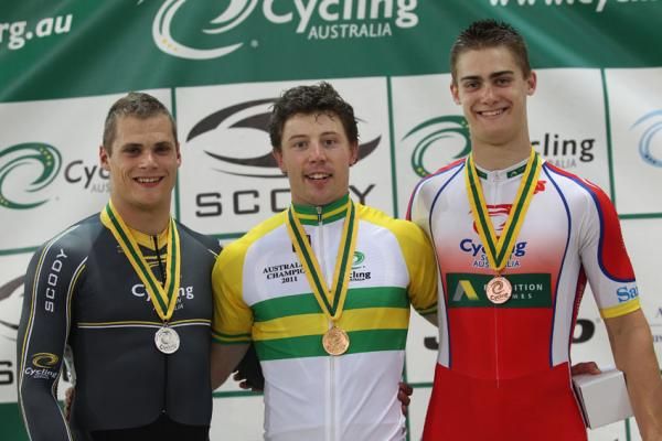 The podium for the men's sprint: Scott Sunderland (silver), Shane Perkins (gold) and Matthew Glaetzer (bronze).