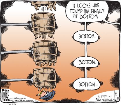 Political cartoon U.S. 2016 election Donald Trump hit bottom