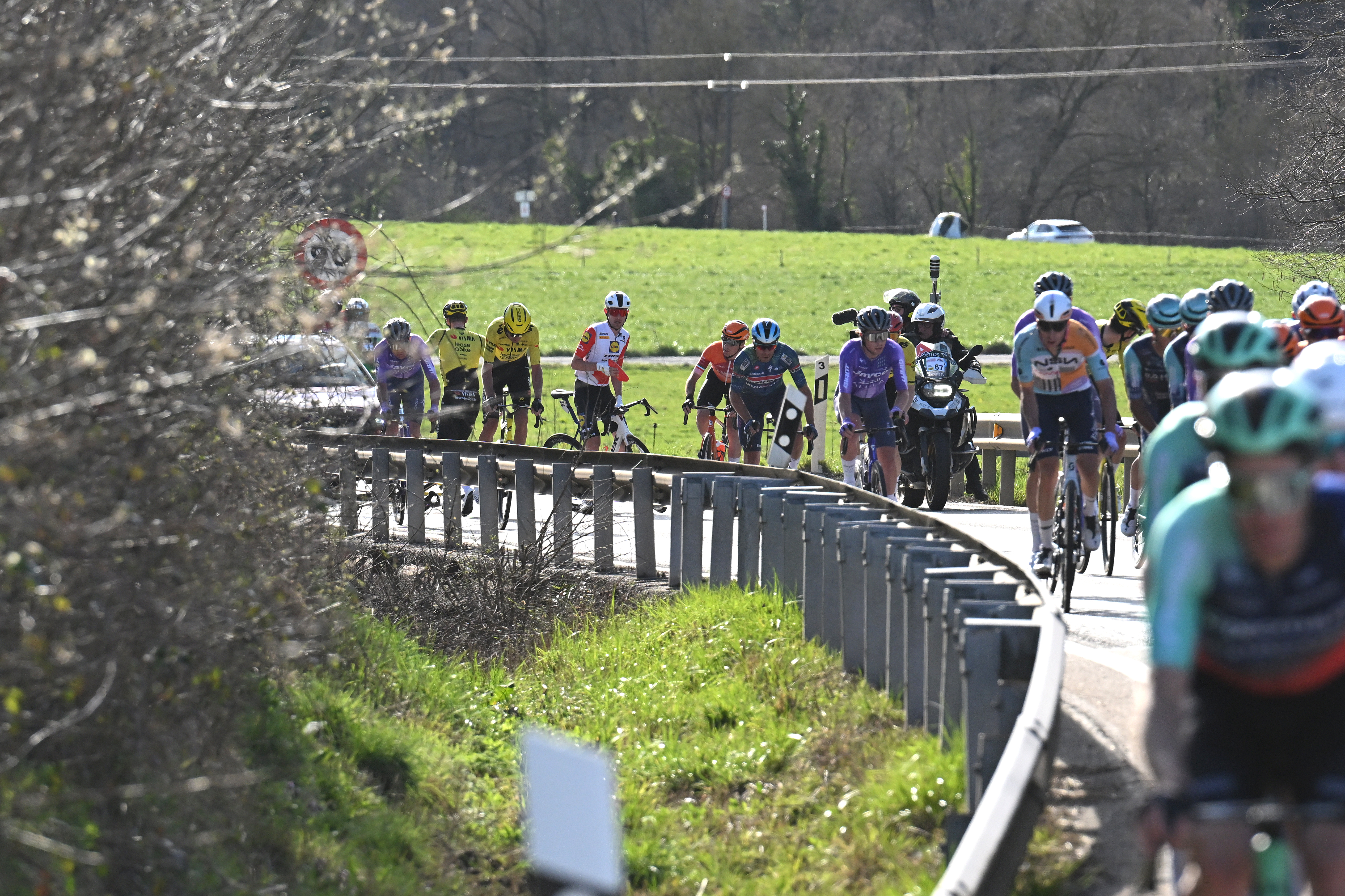 CAMPRODRON, SPAIN - MARCH 26: A general view of the peloton after being involved in a crash during the 105th Volta a Catalunya 2026, Stage 4 a 151km stage from Mataro to Camprodon 957m / #UCIWT / on March 26, 2026 in Camprodon, Spain. (Photo by Szymon Gruchalski/Getty Images)
