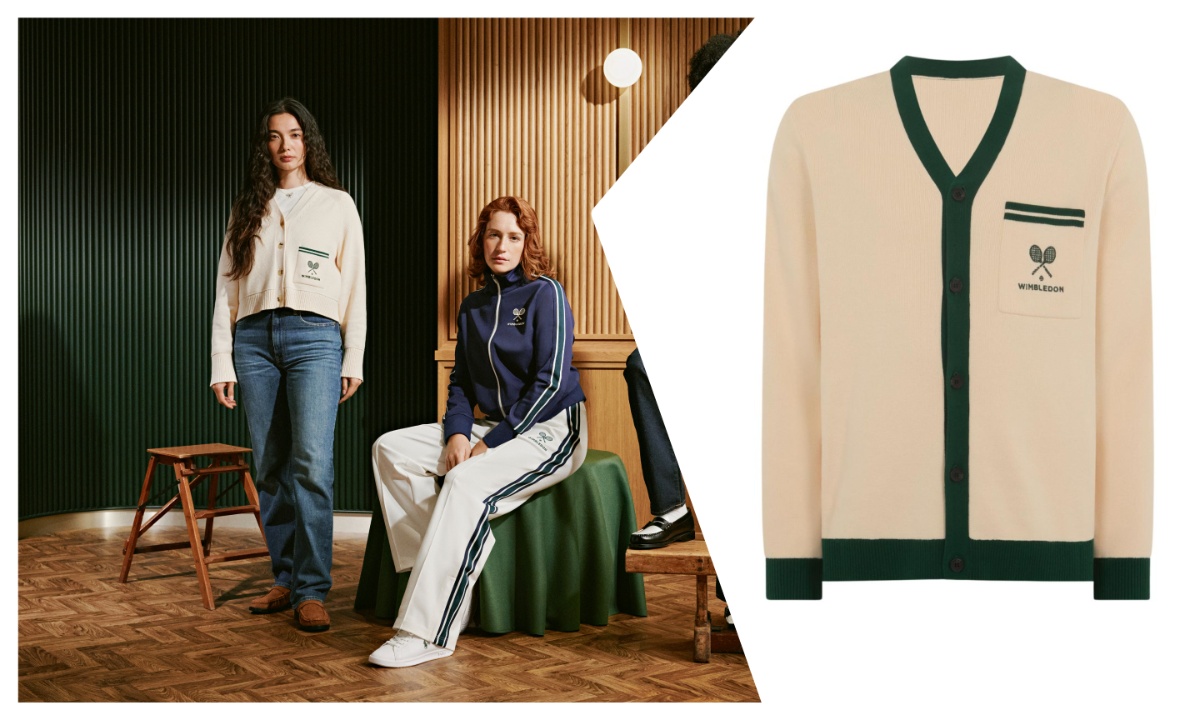 an image of two interlocking pictures. The left image is a lifestyle image showing two female models wearing the Wimbledon collection - one of which is the female version of the Wimbledon cream cardigan. On the right there is a product shot of the Wimbledon men's cream cardigan against a white background