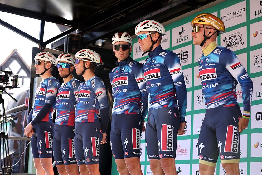 ATHERSTONE, UNITED KINGDOM - SEPTEMBER 05: Remco Evenepoel of Belgium, Casper Pedersen of Denmark, Luke Lamperti of The United States, Ethan Hayter of Great Britain, Martin Svrcek of Slovakia, Ilan Van Wilder of Belgium and Team Soudal Quick-Step prior to the 21st Tour of Britain 2025, Stage 4 a 186.9km stage from Atherstone to Burton Dassett on September 05, 2025 in Atherstone, United Kingdom. (Photo by Alex Livesey/Getty Images)