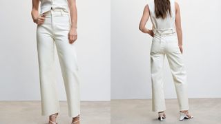 composite of model wearing white mango culotte high waisted jeans