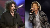 LEFT: Robert Smith performs with the Cure on The Tonight Show With Jay Leno, April 30, 2004. RIGHT: Mmick Jagger with the Rolling Stones, July 10, 2024 in Inglewood, California. 