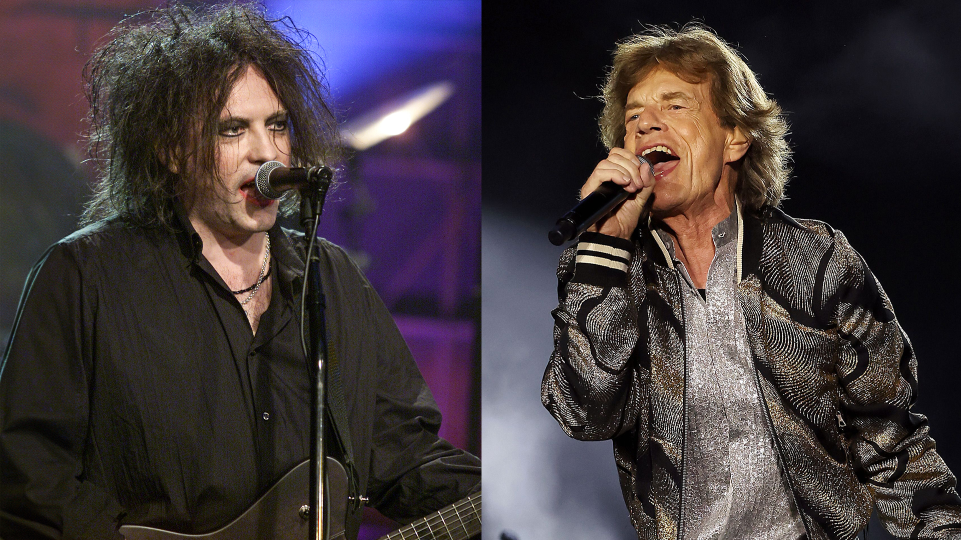 LEFT: Robert Smith performs with the Cure on The Tonight Show With Jay Leno, April 30, 2004. RIGHT: Mmick Jagger with the Rolling Stones, July 10, 2024 in Inglewood, California. 
