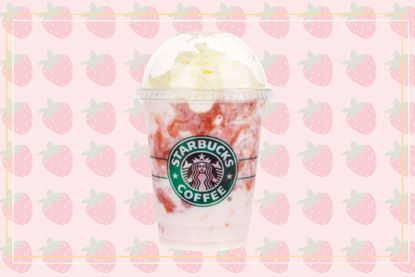 A Starbucks Strawberry Frappuccino on a backdrop of cartoon strawberries