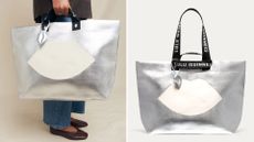 Two images of the SILVER LULU LIP TOTE BAG