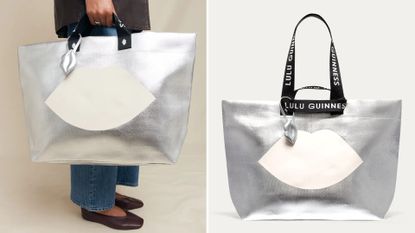 Two images of the SILVER LULU LIP TOTE BAG