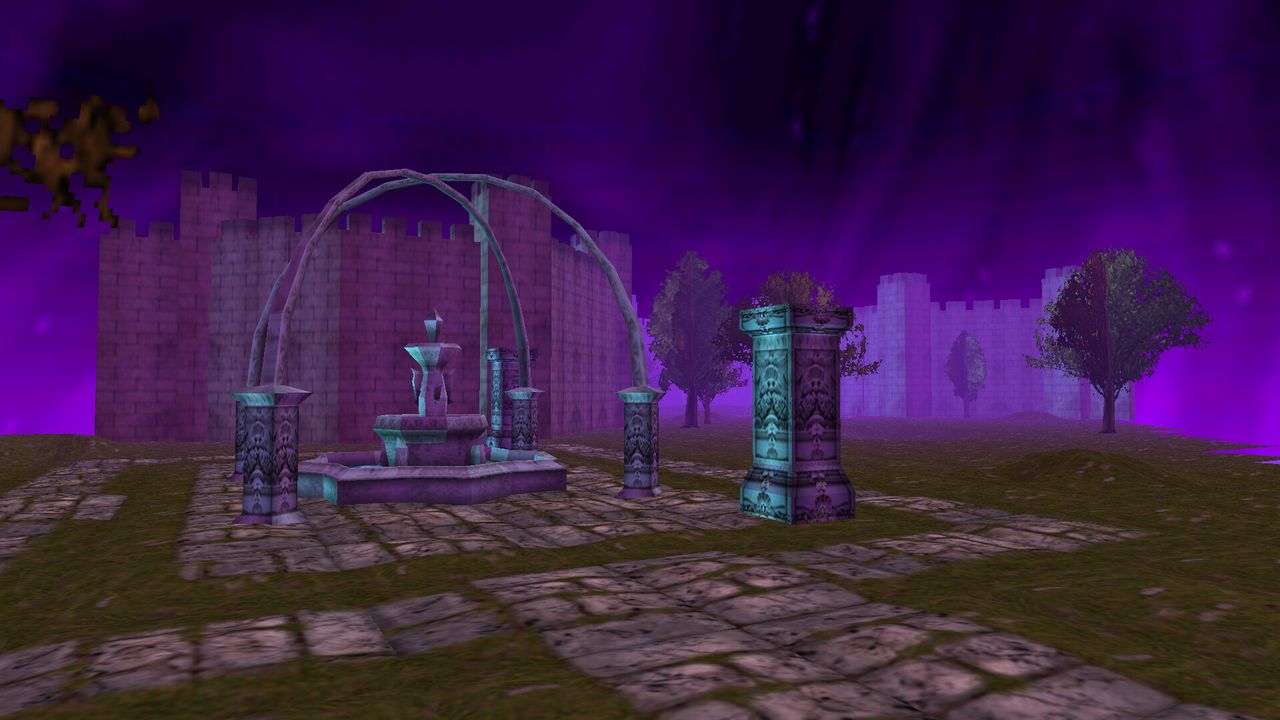 Fountain and garden under purple sky with castle in the background in Lunacid: Tears of the Moon