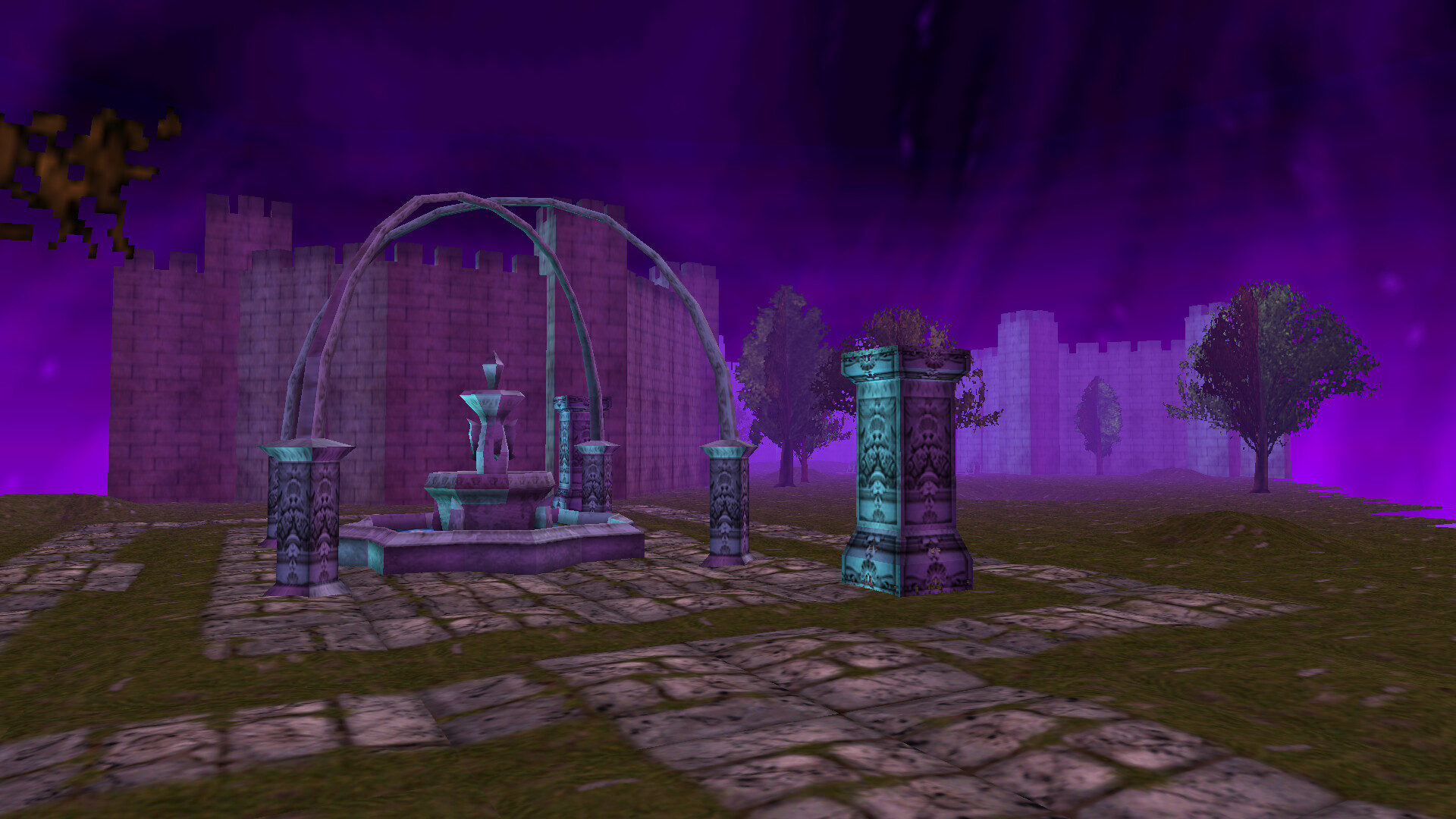 Fountain and garden under purple sky with castle in the background in Lunacid: Tears of the Moon