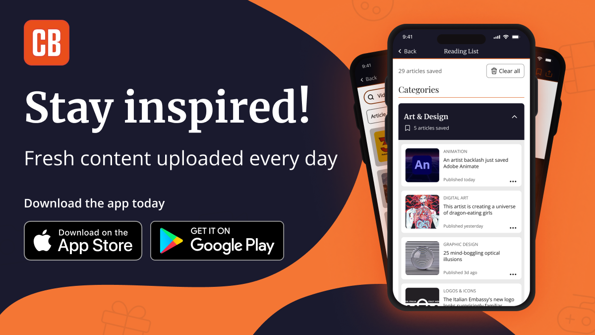 Stay inspired! Fresh content uploaded every day text with three mobile screens showing the CB app and buttons to download the app for Apple or Android