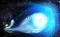 An artist's impression of te star S5-HVS1 being ejected by the Milky Way galaxy's supermassive black hole, Sagittarius A*.