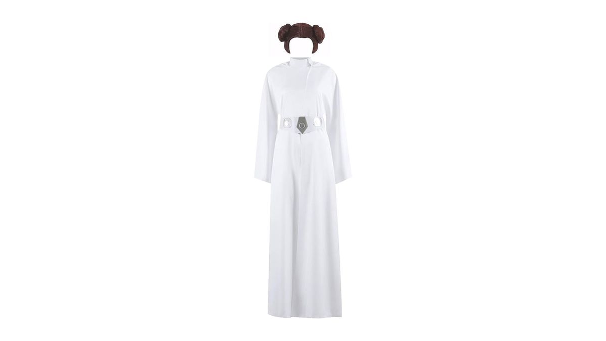 A Princess Leia costume with wig on a white background.