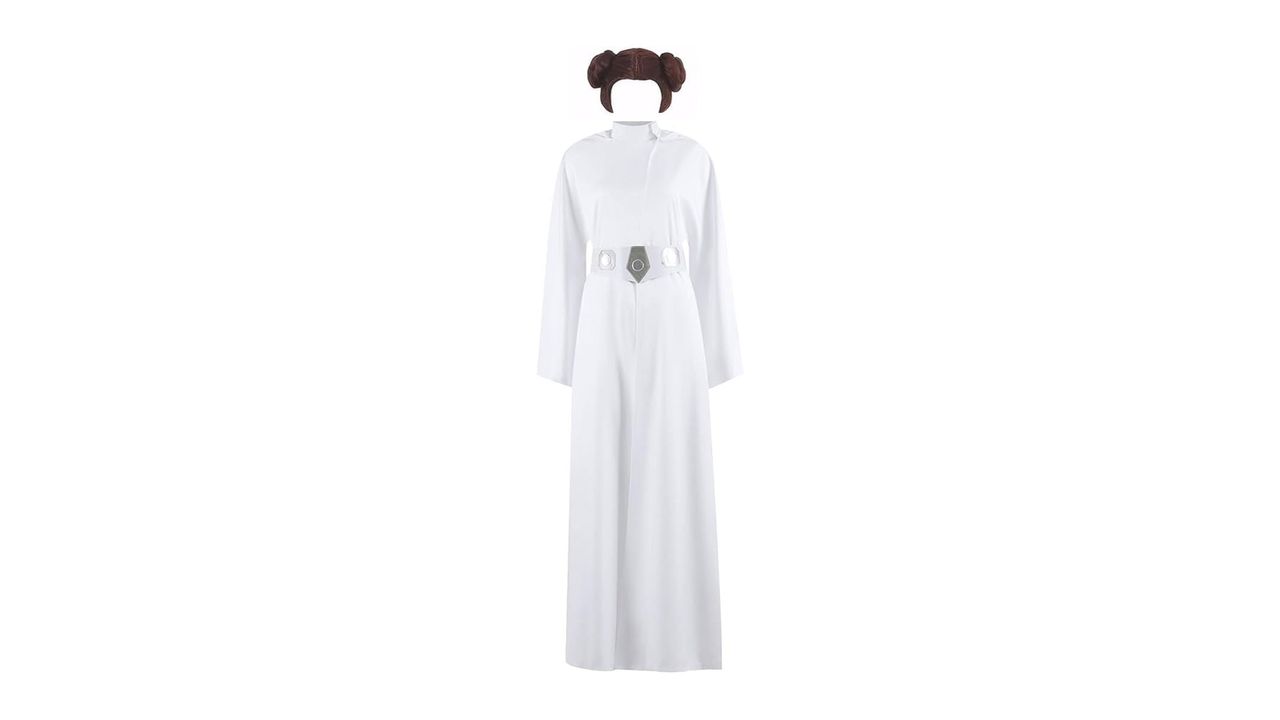 A Princess Leia costume with wig on a white background.